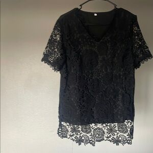 Black Lace Blouse with Scalloped Hem